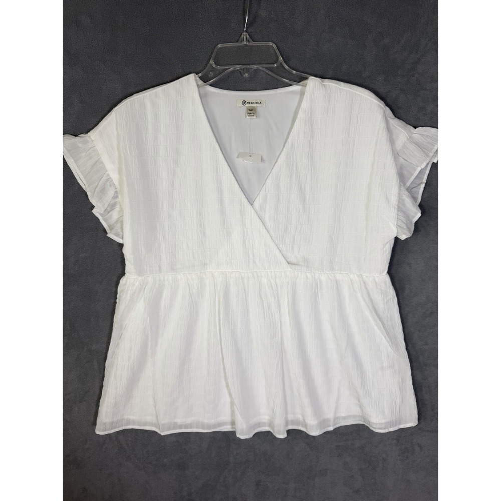 Women's Versona NWT White Textured Peplum Blouse Medium Cottagecore Boho Peasant
